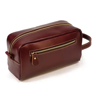 Genuine leather toiletry bag for men, large capacity vintage cosmetic storage pouch with zippers.