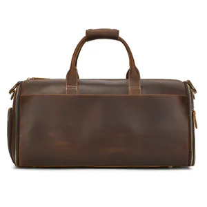 Detailed view of vintage leather travel duffel bag, large capacity men's weekender luggage.