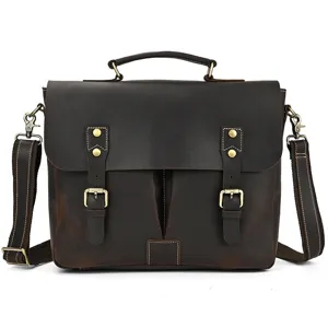 Detailed view of vintage crazy horse leather men's briefcase, durable brass hardware and strap.