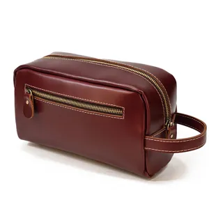 Genuine leather toiletry bag for men, large capacity vintage cosmetic travel organizer clutch.