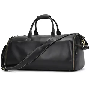 Black genuine leather travel duffel bag with shoulder strap, large capacity gym bag for men.