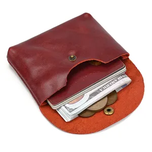Genuine leather snap coin purse for men and women, vintage cowhide card holder mini bag.
