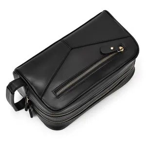 Black genuine leather toiletry bag double zipper vintage dopp kit cosmetic makeup organizer