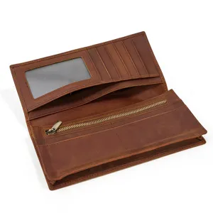 Braune Vintage Herren Geldbörse aus echtem Leder mit vielen Kartenfächern und Reißverschluss.