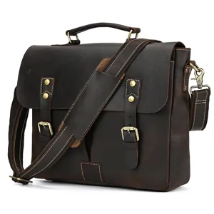 Detailed view of the dark brown genuine crazy horse leather briefcase featuring sturdy metal buckles.