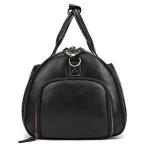 Black genuine leather travel bag vintage multi-functional duffel handbag with zipper design.