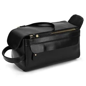 Black genuine leather toiletry bag, vintage travel wash pouch and daily makeup organizer.