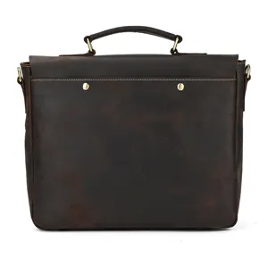 Detailed view of vintage crazy horse leather men briefcase with durable handle and brass hardware.