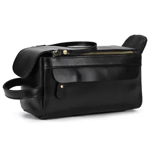Premium black leather toiletry bag for men and women, vintage travel wash bag organizer.
