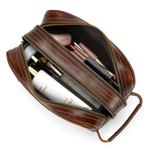 Genuine leather toiletry bag vintage crazy horse cowhide cosmetic organizer double zipper pouch