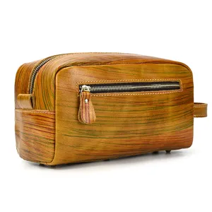 Vintage genuine leather toiletry bag for men, large capacity cosmetic organizer pouch with zipper.