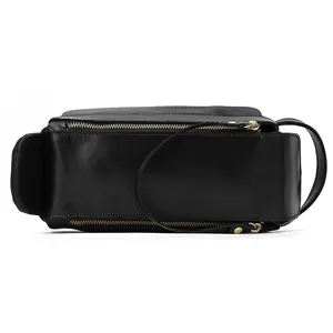 Black leather toiletry bag vintage travel organizer genuine leather clutch men women cosmetic bag
