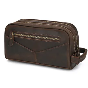 Vintage genuine crazy horse leather toiletry bag for men and women, double zipper clutch pouch.