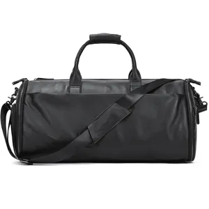 Black leather travel duffel bag with shoulder strap, premium gym bag for men and women storage.