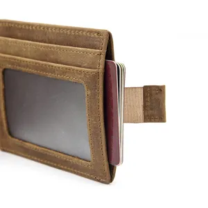 Echtes Leder Kartenetui minimalistisch Vintage Geldbörse mit Zuglasche und Sichtfenster.