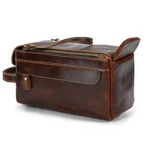 Retro genuine leather toiletry bag for men and women, vintage crazy horse leather travel makeup pouch.