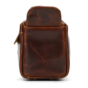 Retro genuine leather toiletry bag side detail view, vintage brown crazy horse leather pouch.