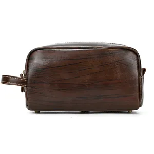 Vintage genuine leather toiletry bag with side handle large capacity travel cosmetic pouch