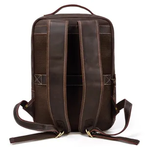 Premium genuine crazy horse leather vintage men backpack business laptop school bag dark brown