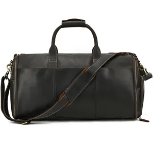 Premium leather travel duffel bag detail showcasing durable stitching and metal hardware.