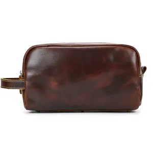 Vintage genuine leather toiletry bag, large capacity travel wash bag with handy side handle.