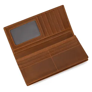 Men's vintage genuine leather long wallet interior view showing multiple card slots and ID window.