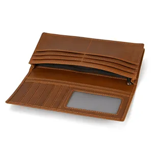 Genuine leather men's long wallet featuring multiple card slots, ID window and zip pocket.