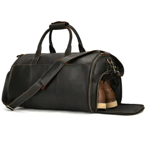 Genuine leather vintage travel duffel bag with separate shoe compartment and shoulder strap.