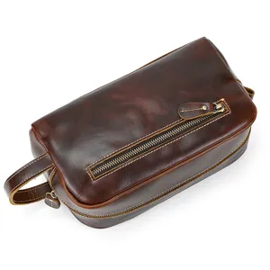 Vintage genuine leather toiletry bag with zipper and handle, premium men cosmetic pouch.