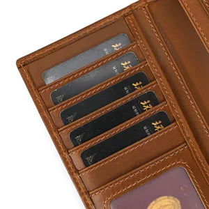 Genuine leather men's long wallet detail view featuring multiple card slots and clear ID window.