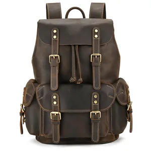 Vintage crazy horse leather backpack for men, multi-pocket travel rucksack, casual outdoor bag.