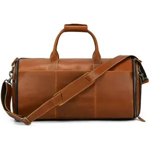 Genuine leather vintage travel duffel bag with shoulder strap, ideal for gym, business and trips.