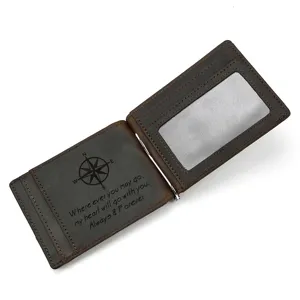Echtes Leder Bifold Geldklammer Geldbörse mit Ausweisfenster und Lasergravur Kompass Design.