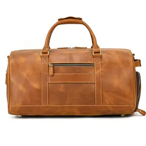 Vintage Crazy Horse Leather Travel Duffel Bag Large Capacity Weekender Gym Bag Men