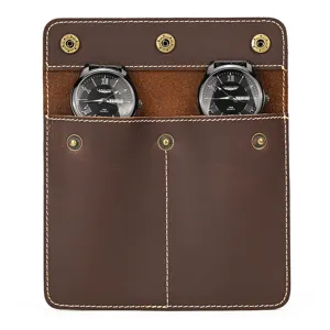 Vintage crazy horse leather watch roll travel storage pouch with two slots for wristwatches.