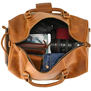 Vintage genuine leather travel duffel bag for men, large capacity weekender luggage handbag.