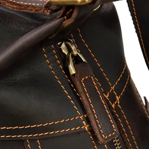 Vintage crazy horse leather chest bag detail, premium cowhide messenger bag for men.