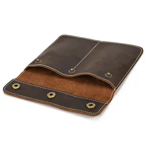 Vintage crazy horse leather watch pouch portable storage bag with bronze snaps and white stitches
