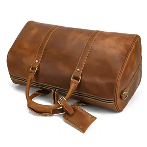 Vintage crazy horse leather travel duffel bag, genuine leather weekend luggage for men women.