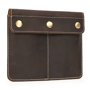 Vintage crazy horse leather watch pouch with snap buttons and contrast stitching for travel.