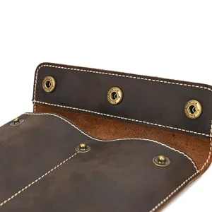 Crazy horse leather watch roll pouch, dark brown cowhide travel wristwatch storage box with snaps.