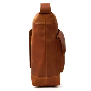 Vintage genuine leather chest bag for men, side view large capacity casual messenger bag.