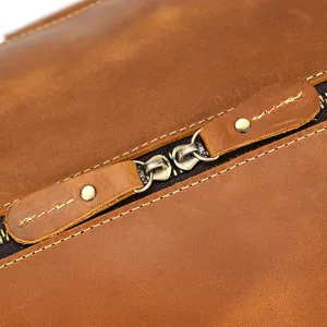 Close-up detail of vintage crazy horse leather travel bag zipper, genuine leather texture.