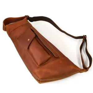Vintage crazy horse leather chest bag for men casual crossbody shoulder travel backpack.