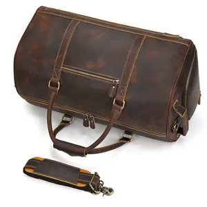 Detail shot of vintage leather travel duffel bag, showing fine stitching and durable hardware.