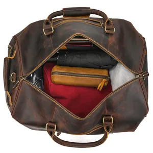 Vintage crazy horse leather travel duffel bag large capacity luggage bag detail view