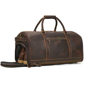 Genuine leather travel duffel bag with a separate shoe compartment, vintage retro style.