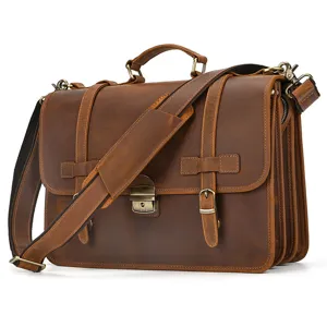 Maletín de cuero genuino vintage para hombre, bolso bandolera para portátil con compartimentos.