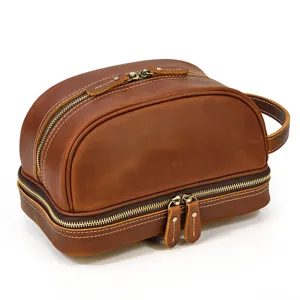 Vintage genuine leather double layer toiletry bag men crazy horse cosmetic pouch detail