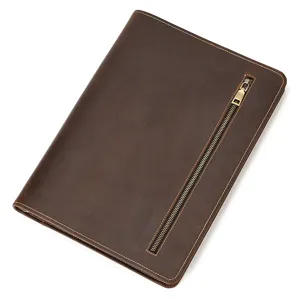 Brown leather A4 document portfolio bag with zipper pocket, vintage crazy horse leather.